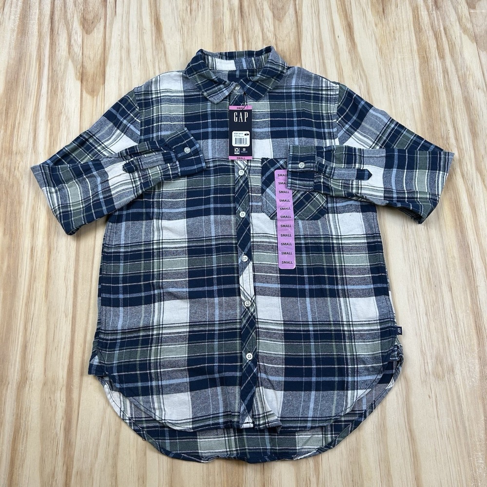 Gap Womens NEW Small Blue Plaid Long Sleeve Curved Hem Flannel Shirt